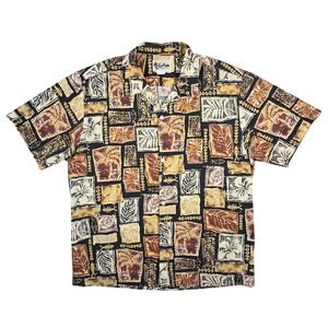 Howie Vintage Hawaiian Shirt Mens Brown Tan Block Print Palm Tree Made in Hawaii